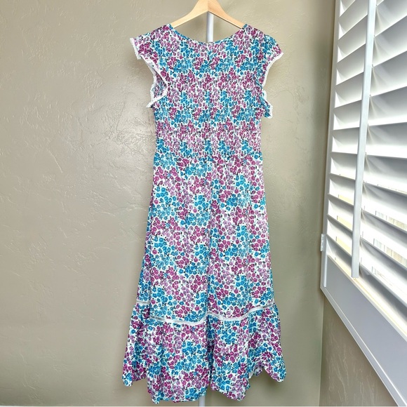 Women’s Lost + Wander Smocked Floral Midi Dress Medium Blue and Pink - Picture 5 of 9